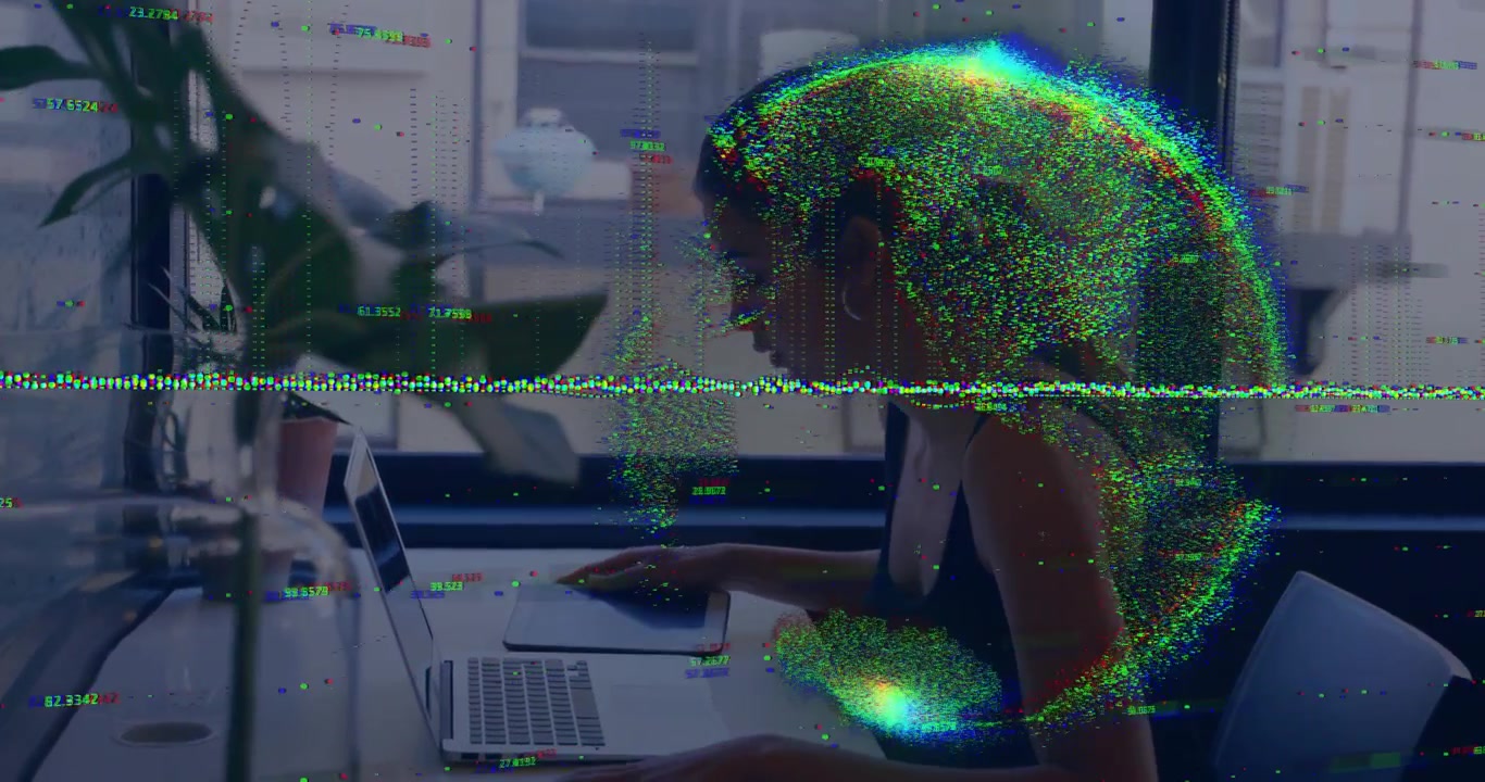 woman scanning phone screen initiating data globe and typing on laptop visualizing tech process