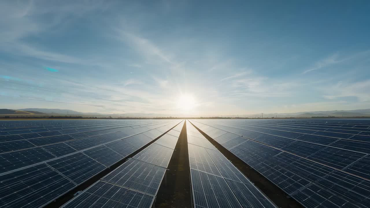 Reflekterende midterpanel, der glimter, mens solen står op over solcelleparken og fanger sollys