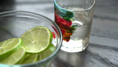 Close-up-shot-of-green-sliced-limes-and-rum-inside-of-another-cup-light-reflecting-healthy-anti-oxidants-cardioprotective-properties