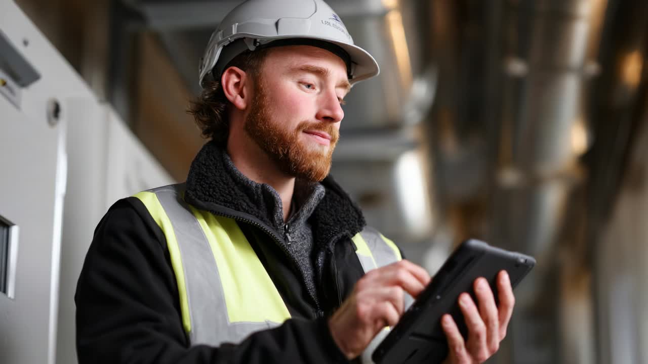 A focused construction worker wearing a hard hat and high-visibility vest reviews plans or data on a tablet device within an industrial setting, showcasing modern technology in construction and engineering
