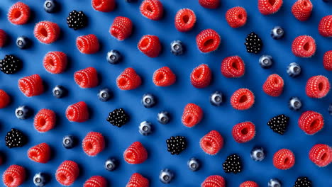 assortment of fresh raspberries, blueberries, and blackberries on a blue background