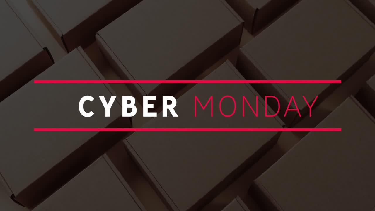 animación del texto del lunes cibernético sobre cajas de regalos