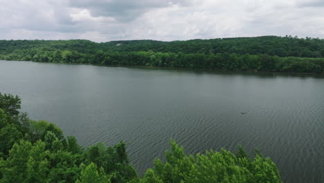 Aerial-View-Over-Scenic-River-In-Mousetail-Landing-State-Park,-Linden,-Tennessee,-USA---drone-shot