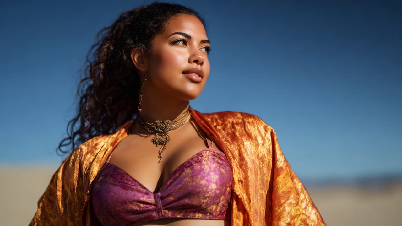 En selvsikker, ung kvinde poserer elegant i et farverigt outfit mod en fantastisk blå himmel og udstråler skønhed, styrke og en følelse af empowerment i naturen.
