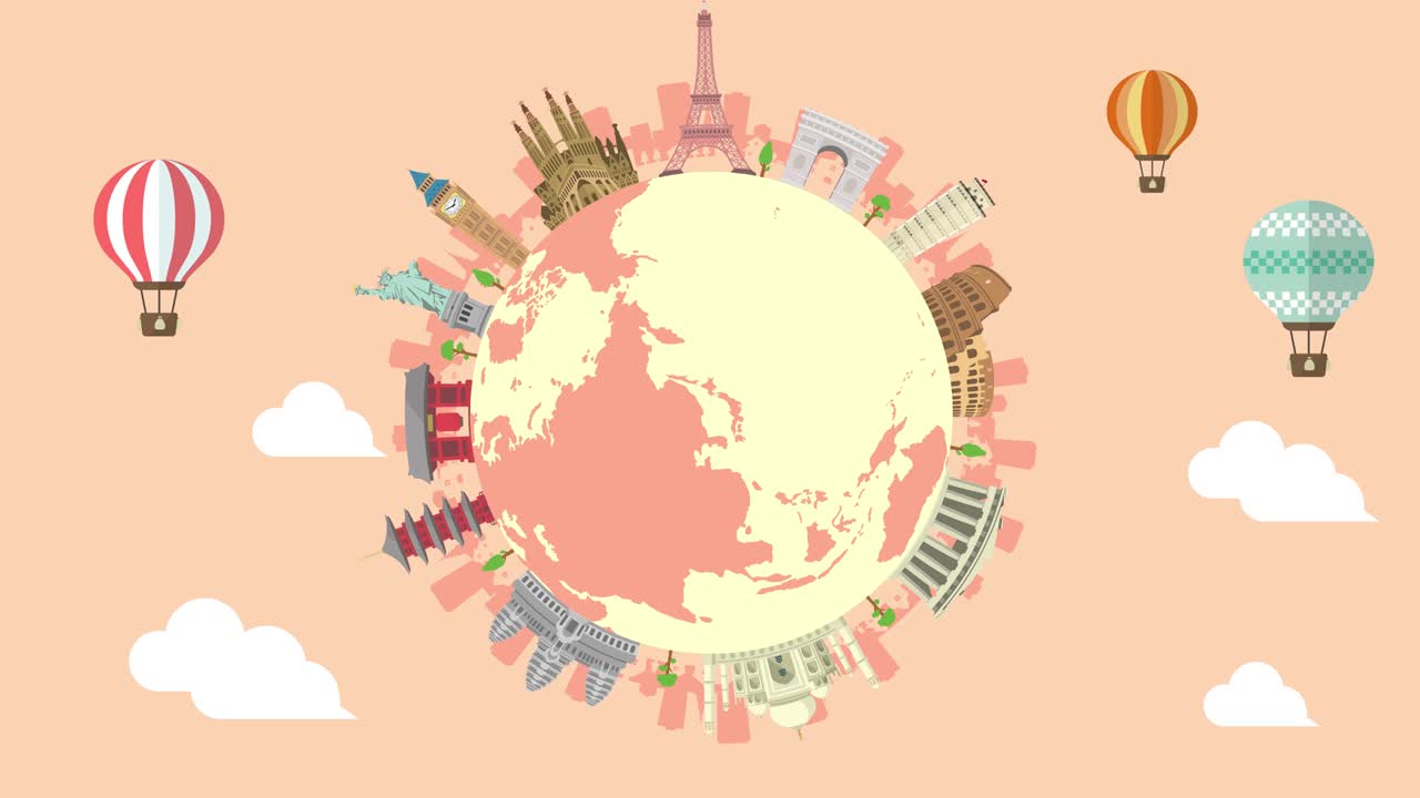 여행, 휴가, 관광 애니메이션 배너 (4k) 세계 유산 및 세계적으로 유명한 건물. 텍스트 버전이 없습니다.