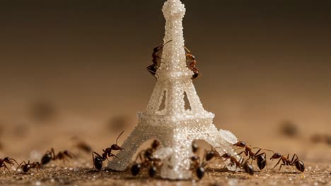 a close-up of ants gathering around a miniature sugar eiffel tower on a table, showcasing their intricate behavior and interest in sweet substances