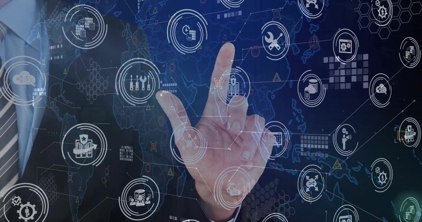 Right hand entering as icons appearing, finger hovering, tapping, producing ripples, selecting data