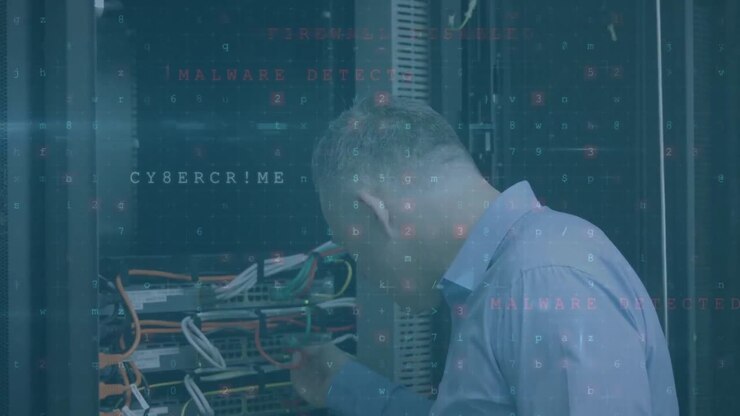 Animation of cyber attack warning over caucasian man in server room