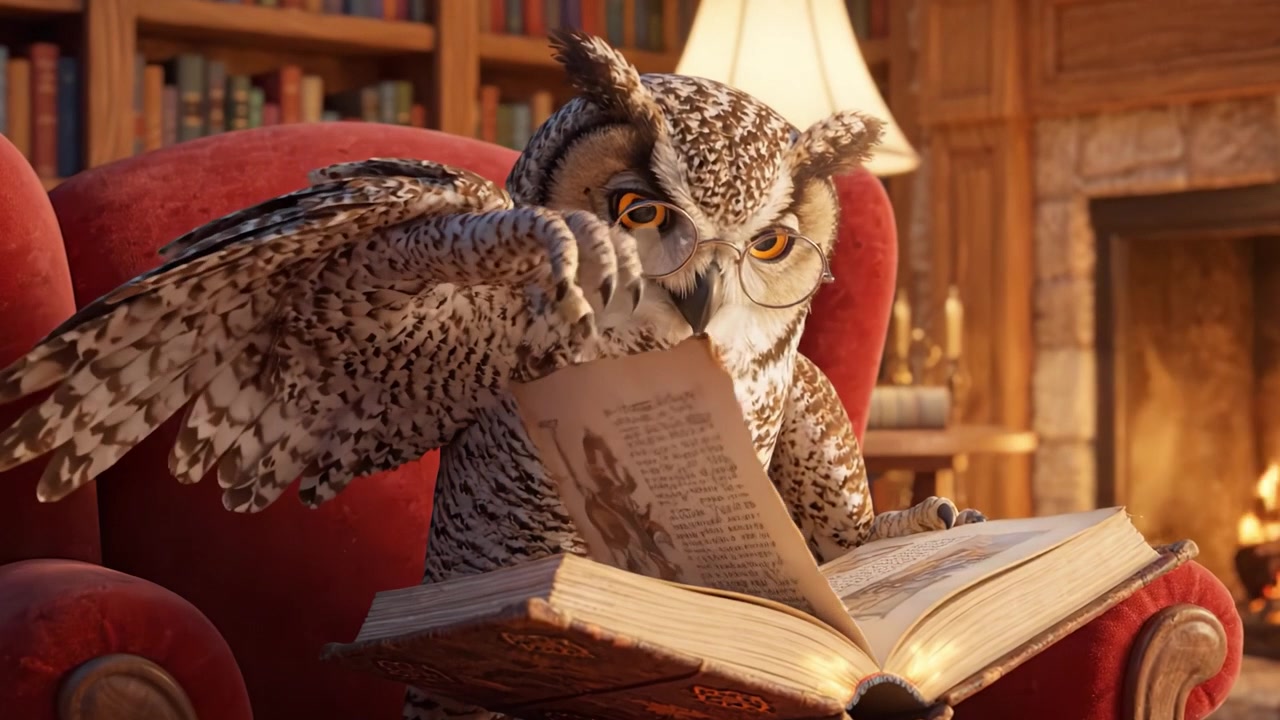 Uma coruja intelectual absorta em literatura, empoleirada confortavelmente em uma poltrona aconchegante, cercada por uma atmosfera de biblioteca acolhedora e pela luz brilhante de uma lareira