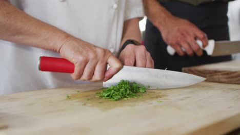 caucasian female chef cutting parsley