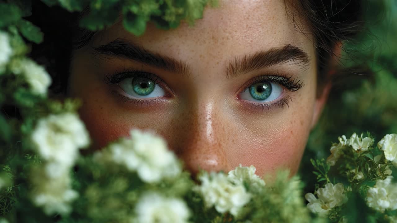 Un accattivante primo piano di enigmatici occhi verdi incorniciati da una vegetazione lussureggiante, che mette in mostra la bellezza naturale e l'intrigo in un sereno ambiente floreale