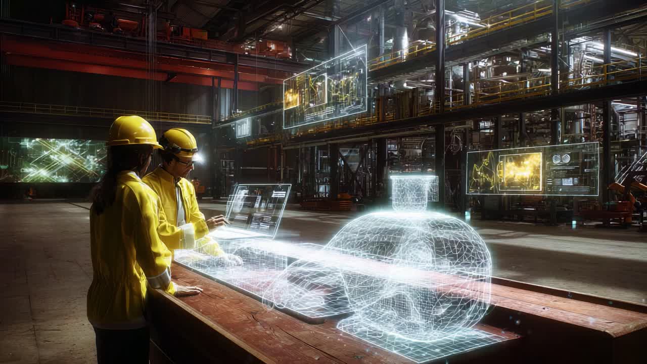 Engineers Collaborating in a High-Tech Manufacturing Environment with Augmented Reality Displays Analyzing Machinery Performance and Data Insights for Enhanced Productivity and Innovation