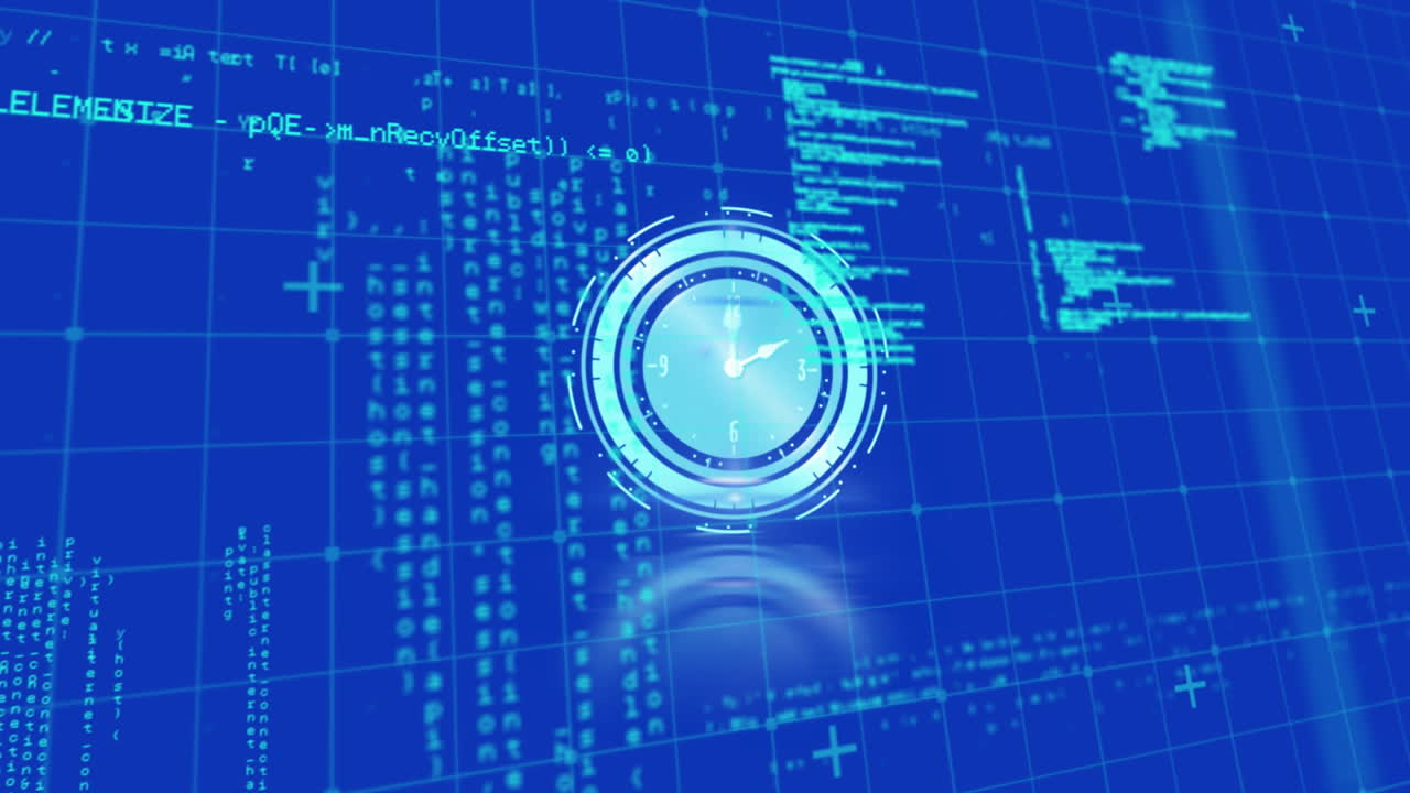 Animation of digital clock, grid pattern and computer language over blue background