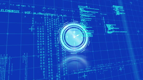 animation of digital clock, grid pattern and computer language over blue background