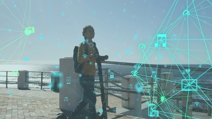 Animation of media icons over biracial woman walking with scooter on promenade