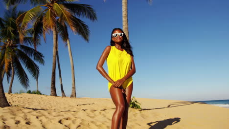 happy woman enjoying a sunny tropical beach vacation