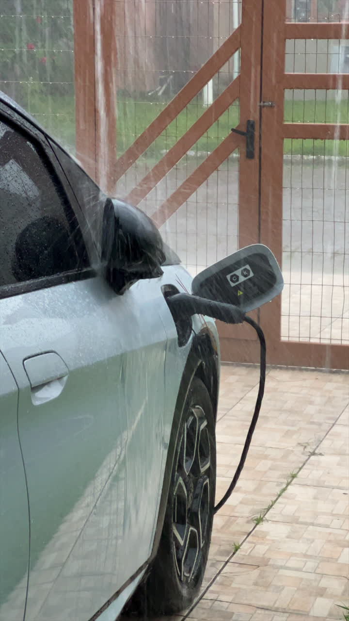 Şiddetli yağmur altında, bir konutun garaj yolunda elektrikli araç şarjı, dikey video.