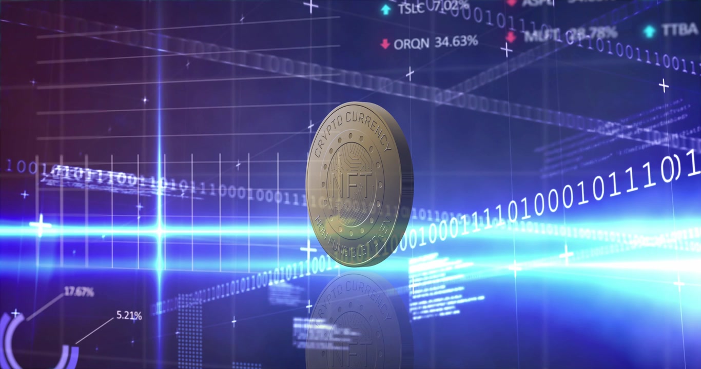NFT token appearing centered, rotating and bobbing while reflecting light, visualizing market data