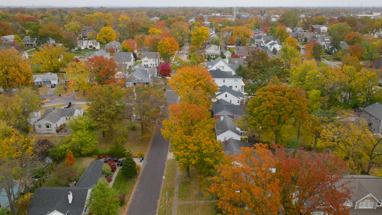 camiones aéreos a la izquierda sobre el hermoso barrio y la calle con árboles en el pico del color del otoño en kirkwood, missouri
