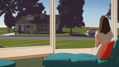 woman looking out a window at a suburban street