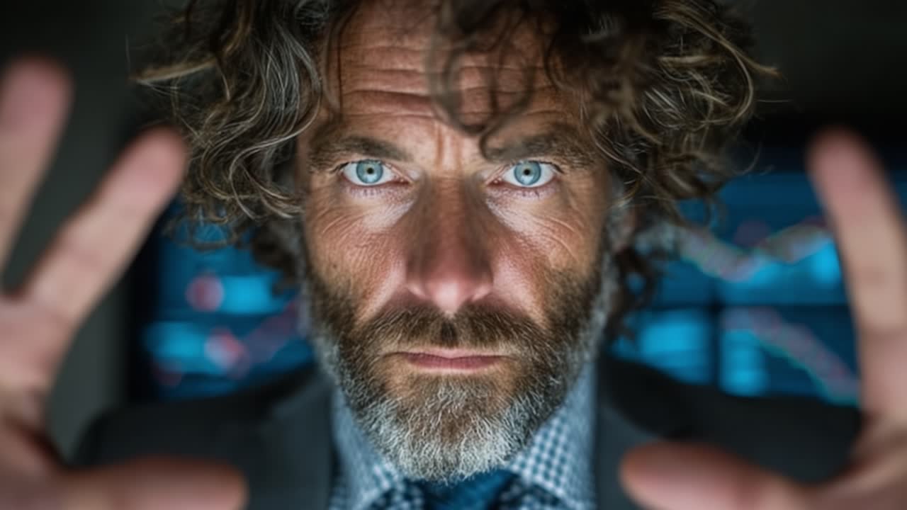 Intense Focus and Expression: A Male Character with Distinctive Hair and Eyes Demonstrating Strong Emotions Through Gestures in a Professional Setting