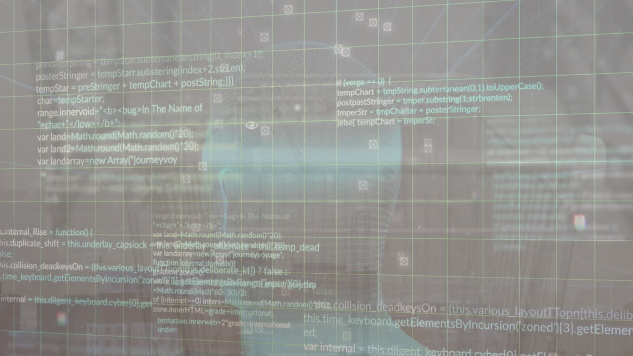 Animation of data processing over spinning human head model against aerial view of cityscape