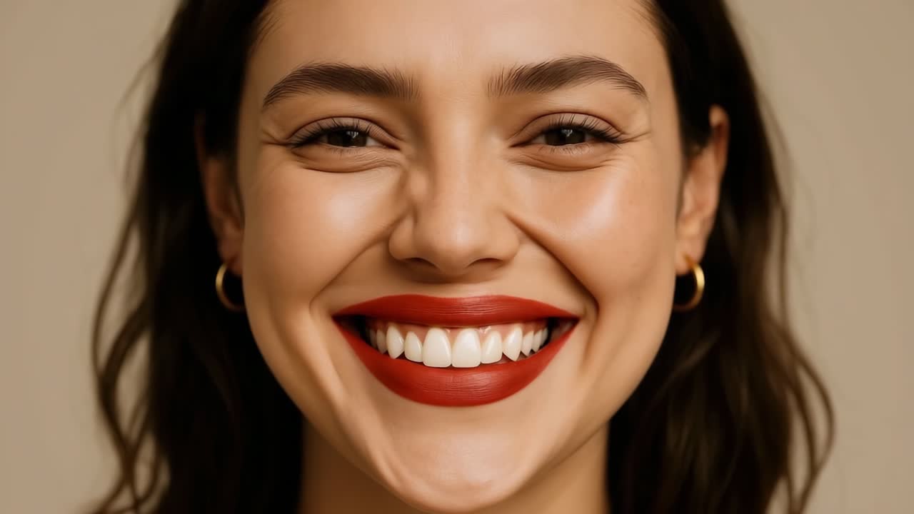 Close-up shot of a smiling woman with red lipstick, shot from a front angle