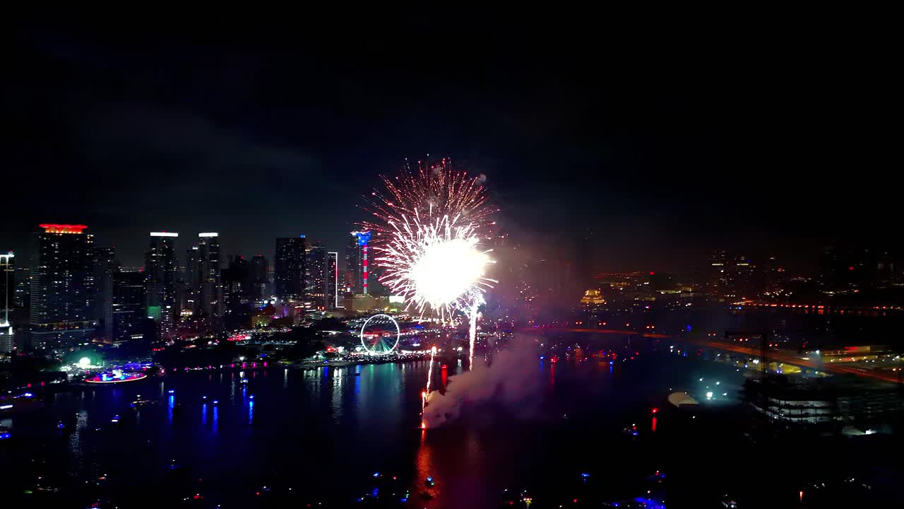 A breathtaking fireworks showcase recorded from above, capturing trails of glowing light bursting across the sky with urban brilliance
