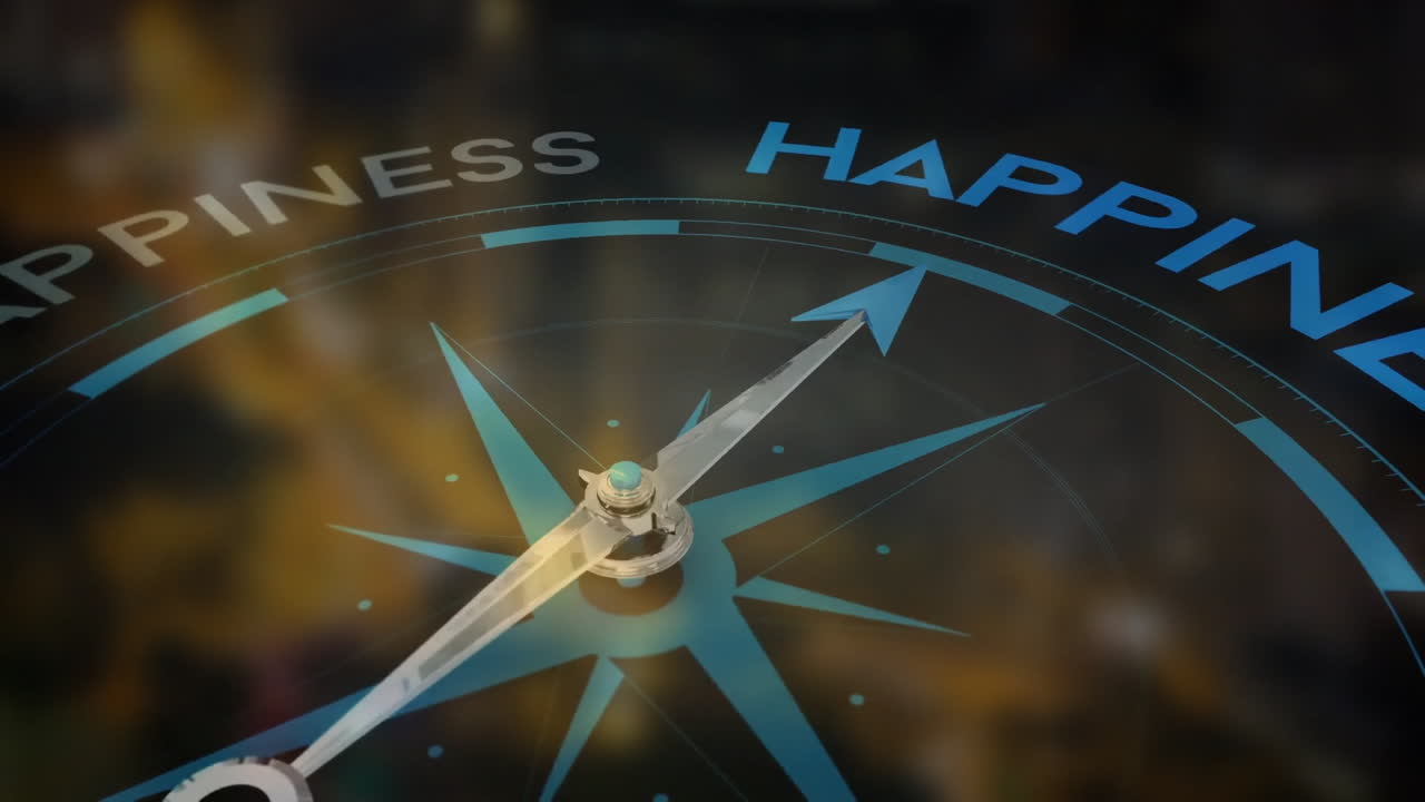 Compass needle pointing towards happiness, symbolizing direction and positive animation