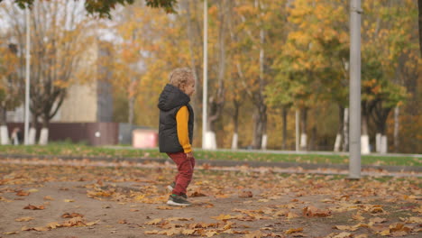 Glücklicher-Kleiner-Junge-Im-Herbstpark,-Der-Die-Natur-Betrachtet-Und-Sich-An-Fallenden-Blättern-Erfreut,-Glückliche-Kindheit,-Familienunterhaltung-Am-Wochenende