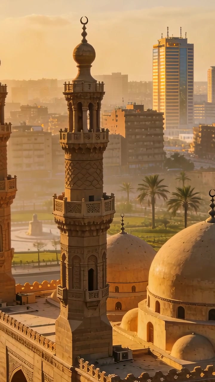 Video verticale: La telecamera panoramica risponde alla luce dorata, rivelando il minareto di una moschea, cupole e un parco.