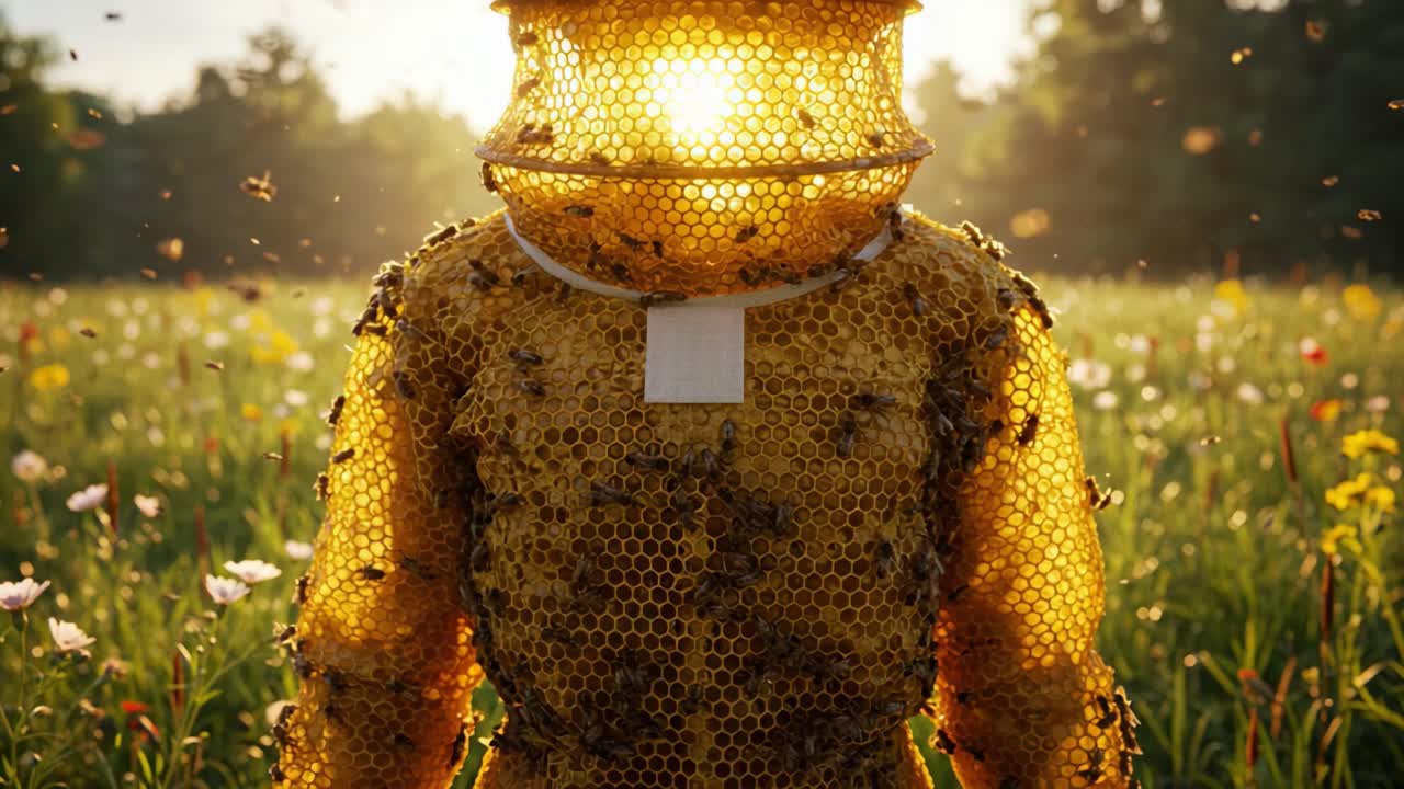 A beekeeper in a luminous bee suit stands amidst a vibrant field, surrounded by buzzing bees and blooming flowers, symbolizing the vital relationship between humans and nature