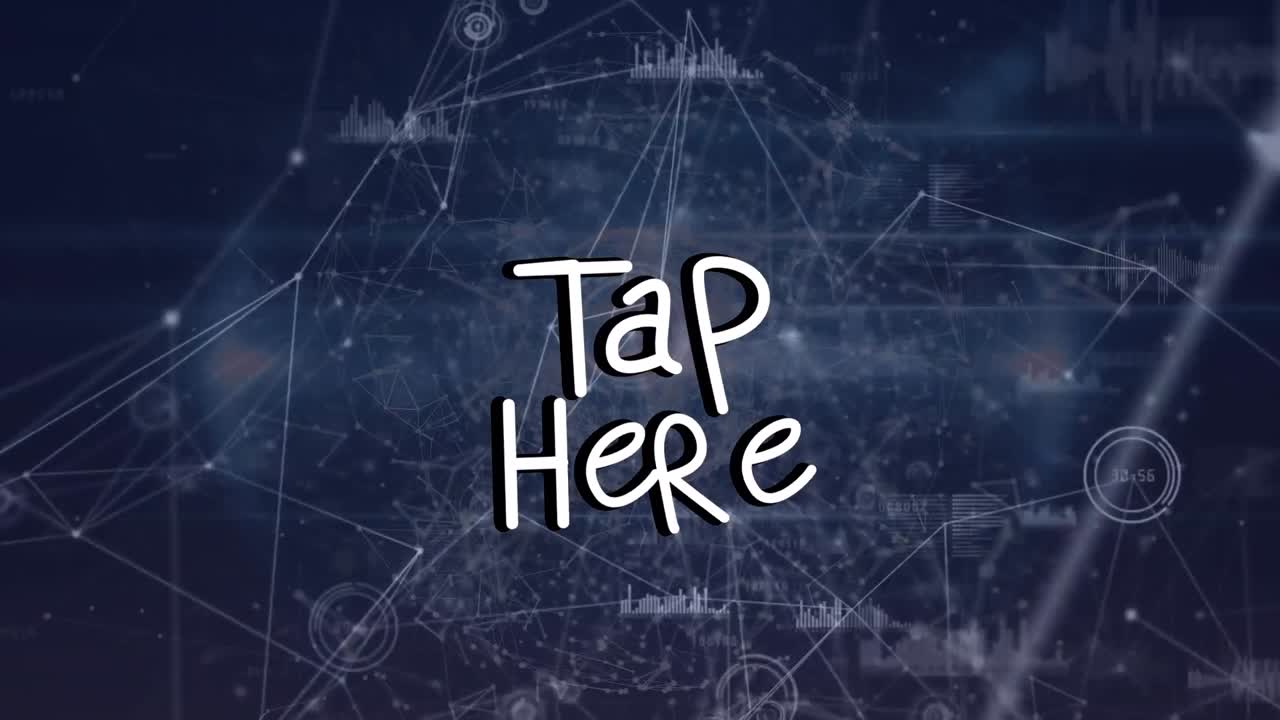 animación del texto de tap hear a través de una red de conexiones con iconos en fondo negro