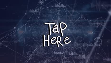 Animation-of-tap-hear-text-over-network-of-connections-with-icons-on-black-background