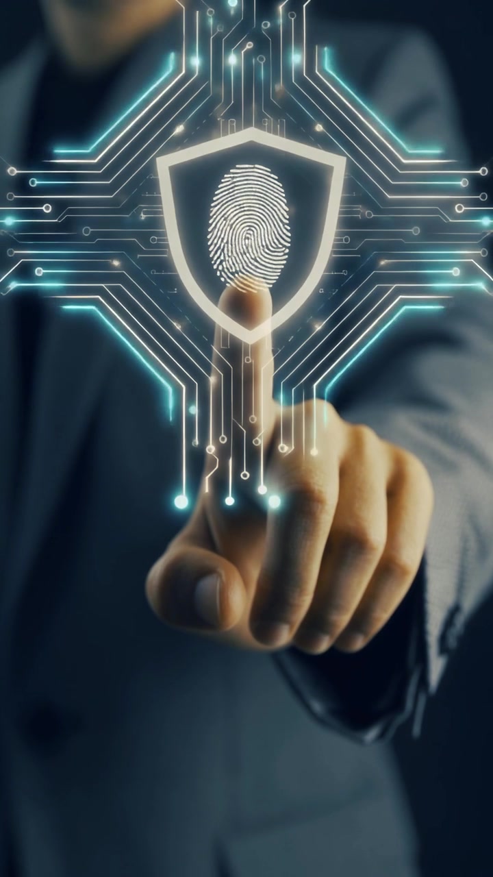 Businessman Interacting with Digital Fingerprint Security Shield Interface