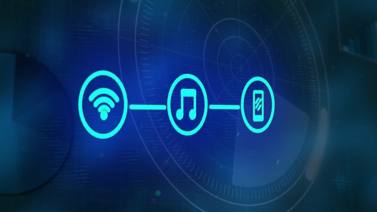 wi-fi, música y iconos de batería conectados en una animación de interfaz futurista