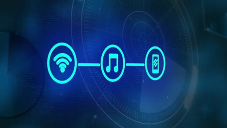 wi-fi, música y iconos de batería conectados en una animación de interfaz futurista