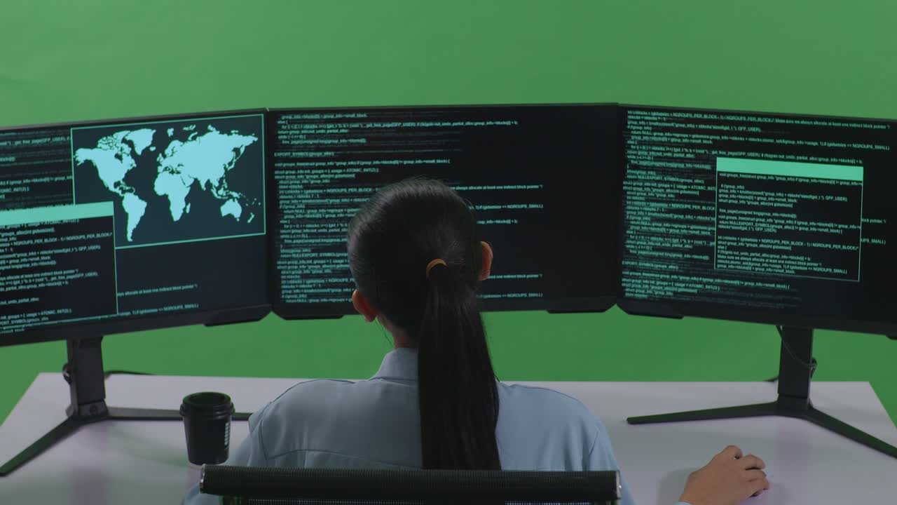 Vista posteriore di una sviluppatrice asiatica con mal di schiena mentre scrive codice con più schermi di computer in uno studio green screen
