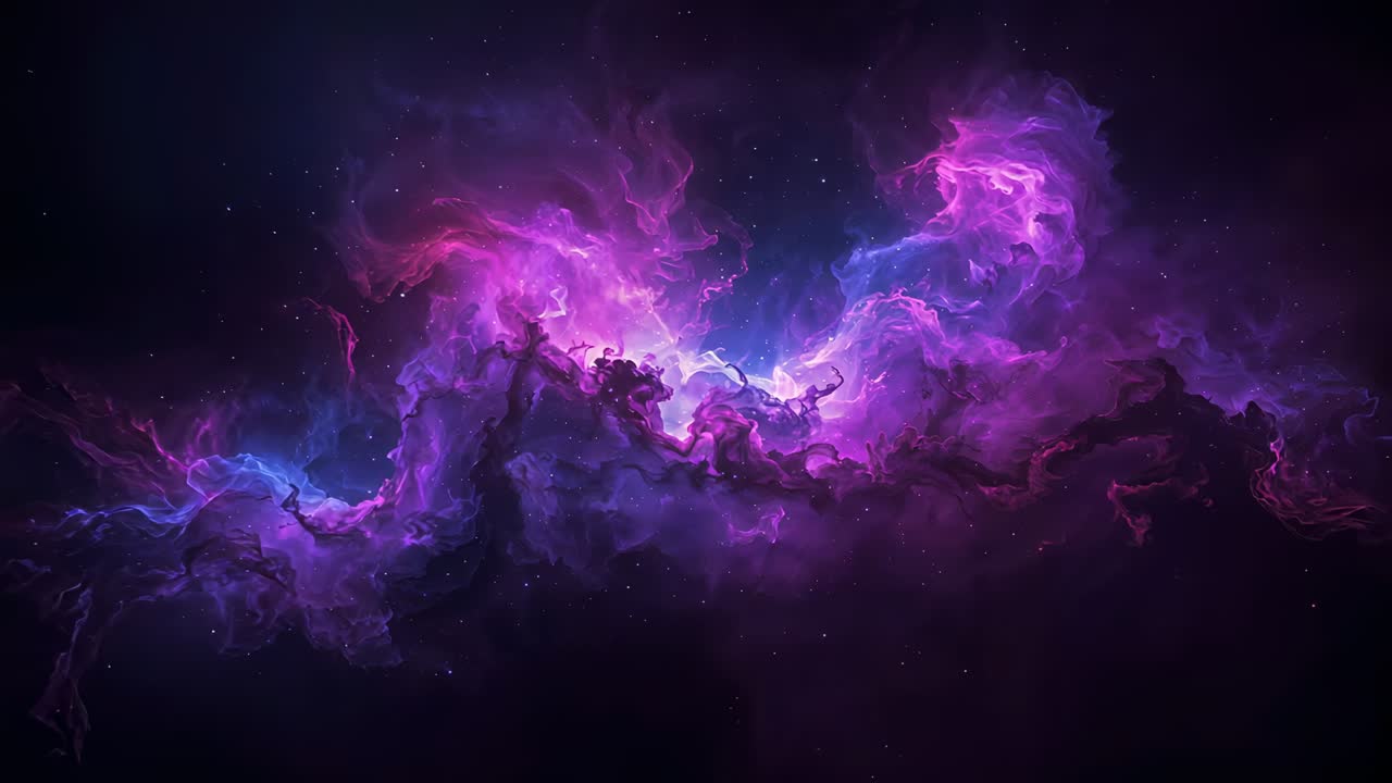 Zooming camera revealing nebular cloud in deep space, focusing on bright core and filaments