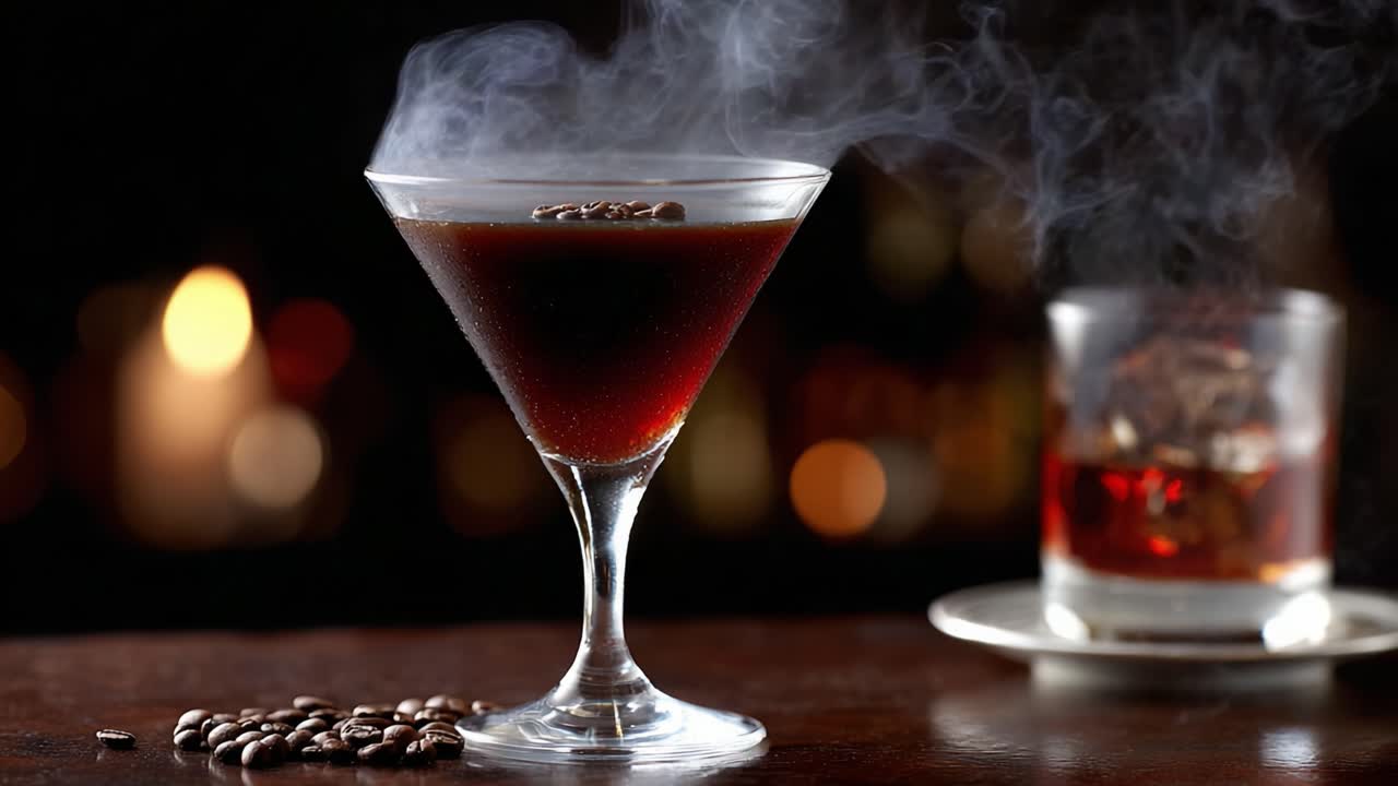 Un cocktail elegante con un'essenza aromatica di caffè, decorato con fragranti chicchi e delicatamente avvolto da volute di fumo, perfetto per qualsiasi ambiente esclusivo