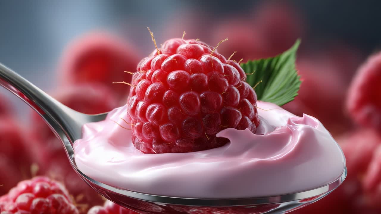 Delicious Red Raspberries and Cream: A Close-Up View of Fresh Berries on Creamy Yogurt in a Spoon Against a Blurred Background of Juicy Fruits