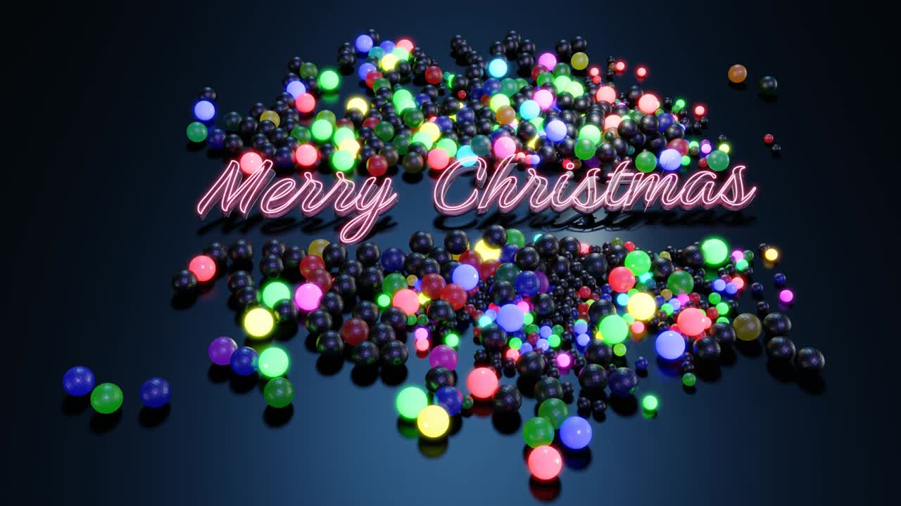 tarjeta de navidad en bucle con letras de feliz navidad y guirnalda, bolas esparcidas en la superficie se iluminan y forman un hermoso patrón. composición de año nuevo con luz de neón. luces de navidad