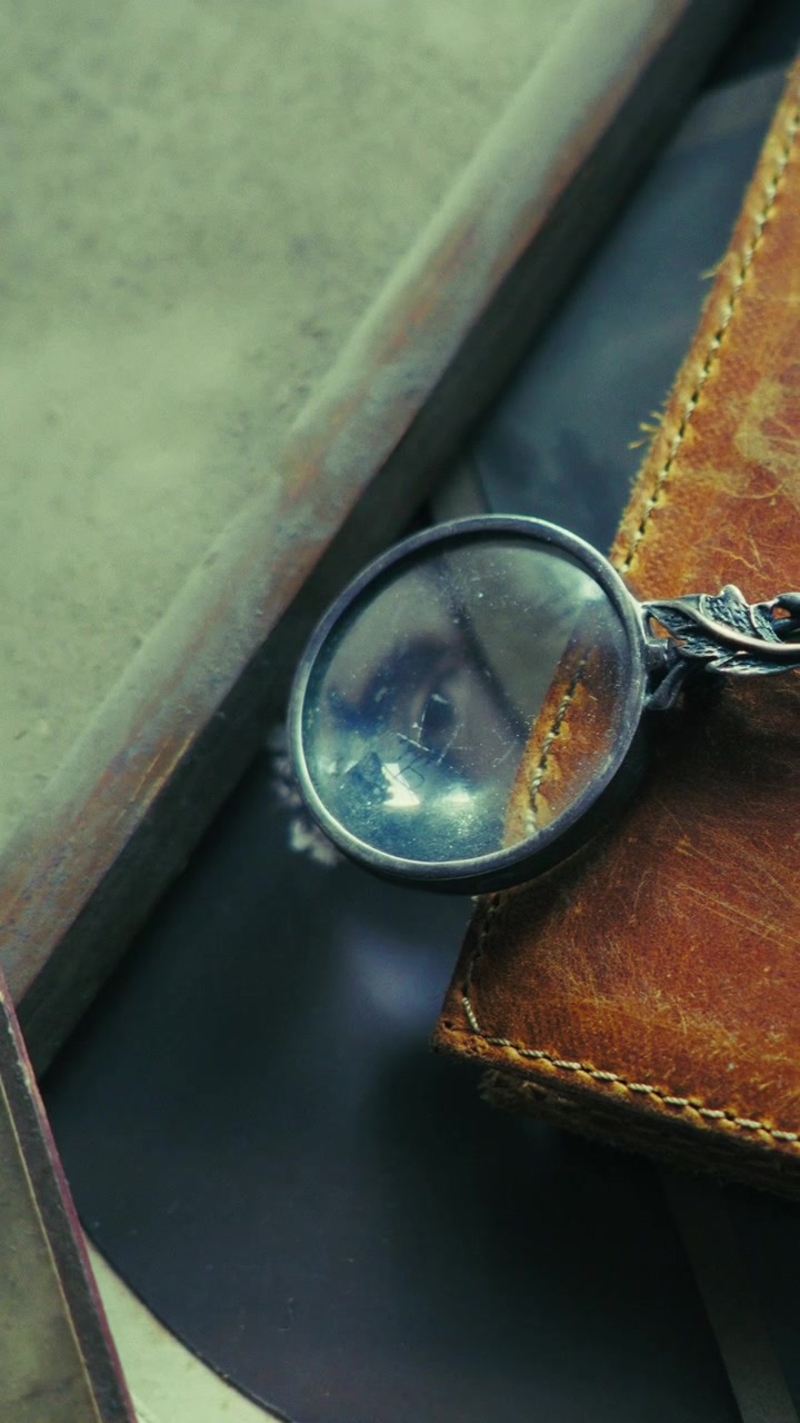 Cinematic macro slide shot revealing a chained magnifying glass resting on a leather bound diary, ideal for mystery, archival research, and historical storytelling visuals.