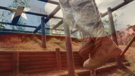 animación de la bandera de chile sobre soldados escalando ejercitándose al aire libre
