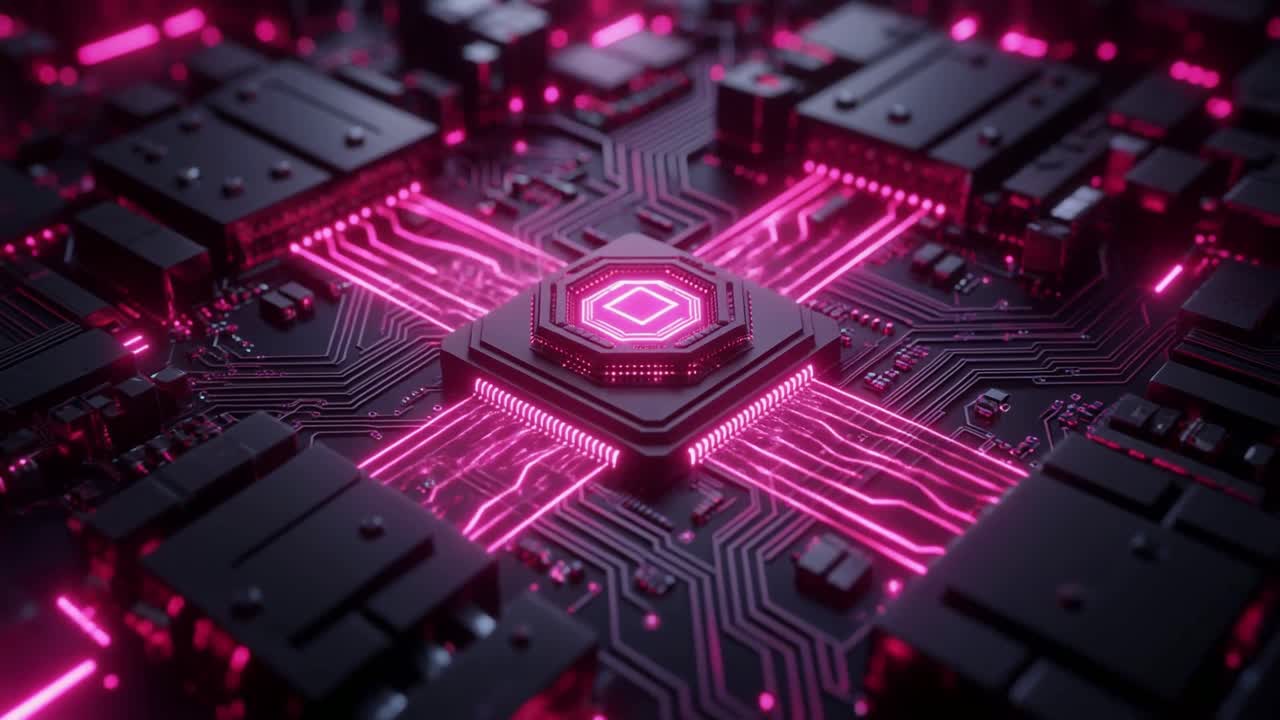 Glowing Pink Processor on a Futuristic Circuit Board