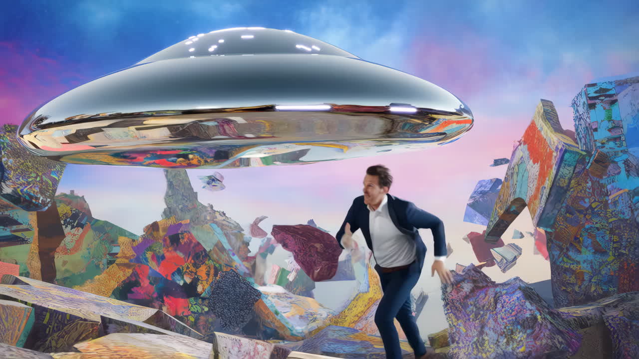 Man Runs from Giant UFO in Surreal Landscape