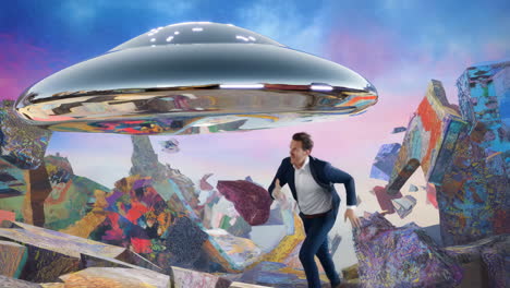 man runs from giant ufo in surreal landscape