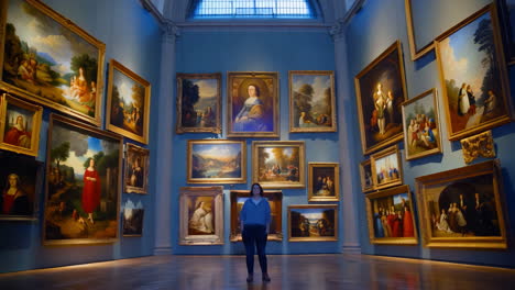 a person standing in a spacious art gallery surrounded by numerous paintings