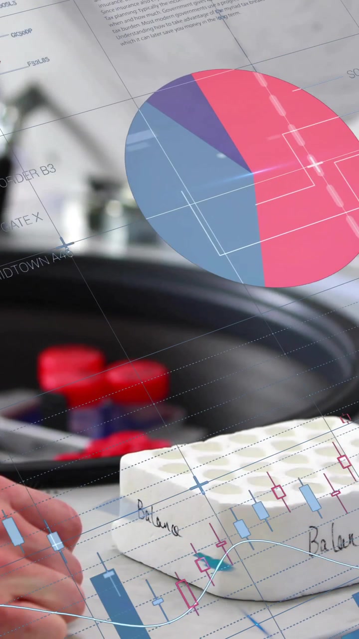 Håndtering af reagensglas i laboratorium, analyse af videnskabelige data med animation af diagrammer og grafer