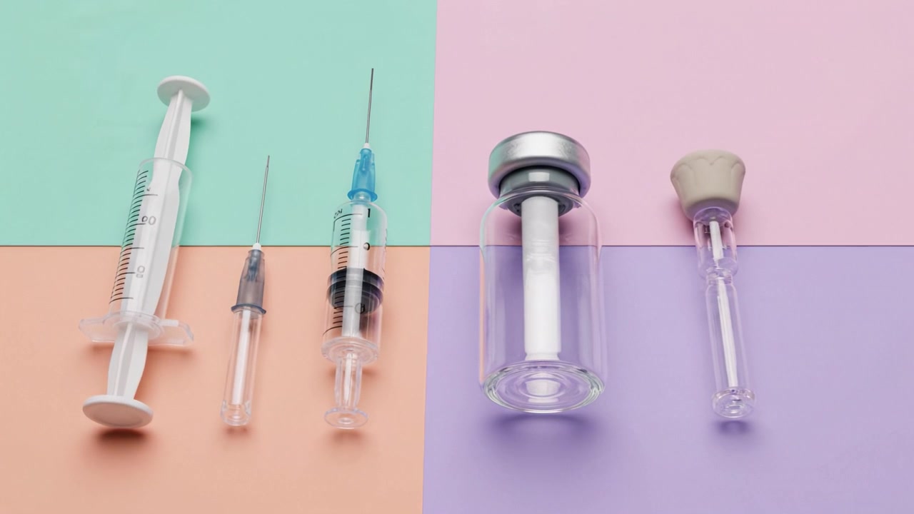 Aesthetic Composition of Medical Equipment Featuring Syringes, Needles, and Vials on Pastel Backgrounds for Healthcare and Pharmaceutical Themes